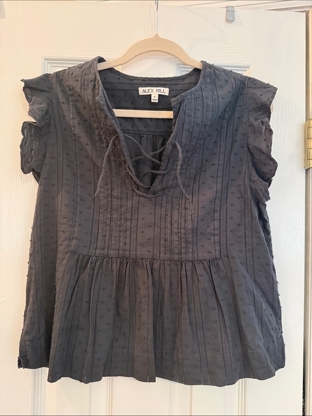 Alex Mill Gray/Black Lace-Up Textured Peasant Top